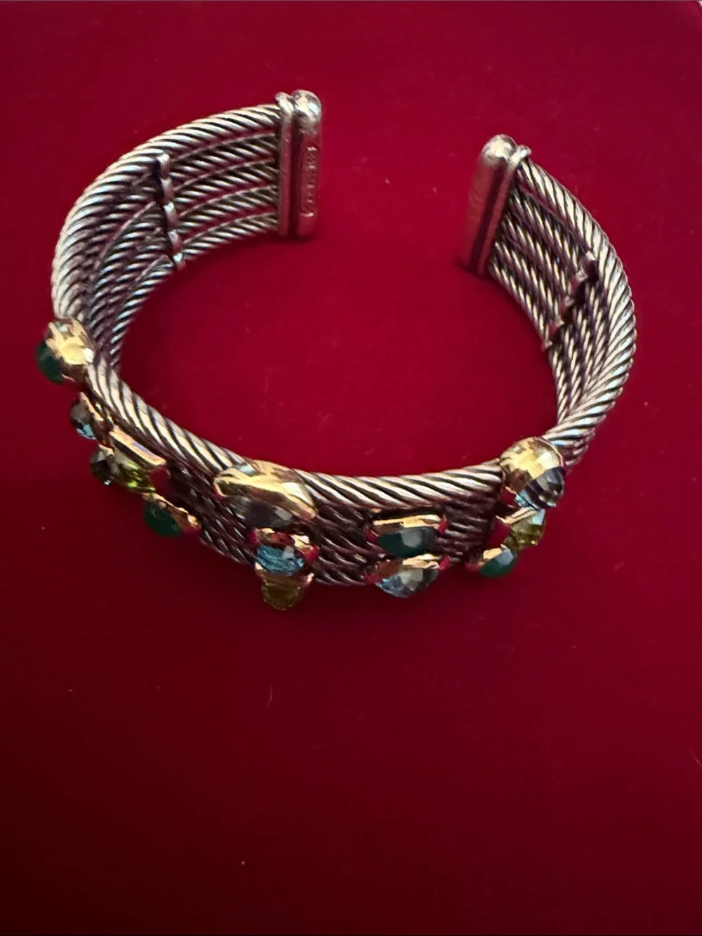 David Yurman Multi-Row Cable Bracelet with Blue and Green Gems - Picture 3 of 5